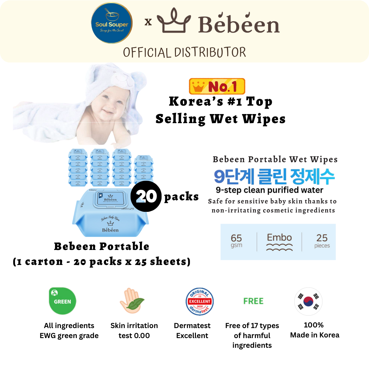 [CARTON DEAL] Bebeen 100% Korea Newborn/ Baby / Kids Wet Wipes (Signature Plus, Sensitive & Portable)