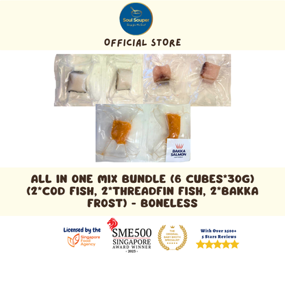 Individually Sealed & Packed Atlantic Cod Fish, Threadfin Fish & Bakka Salmon Cubes (Frozen) (6months+)