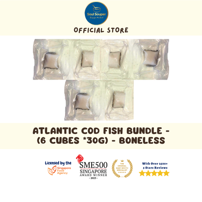 Individually Sealed & Packed Atlantic Cod Fish, Threadfin Fish & Bakka Salmon Cubes (Frozen) (6months+)