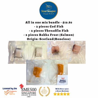 Individually Sealed & Packed Cod Fish, Threadfin Fish & Bakka Salmon Cubes (Frozen)